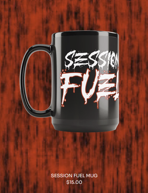 Session Fuel Mug — black mug with dripping Session Fuel graphic