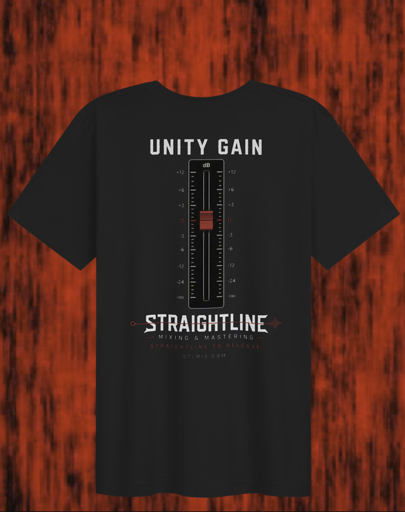 Unity Gain Fader tee — black t-shirt with a Unity Gain dB fader graphic and Straightline Mixing & Mastering logo